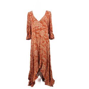 Western Rustic Prairie Dress XL Orange Gold High Low Scoop Back Smocked Long